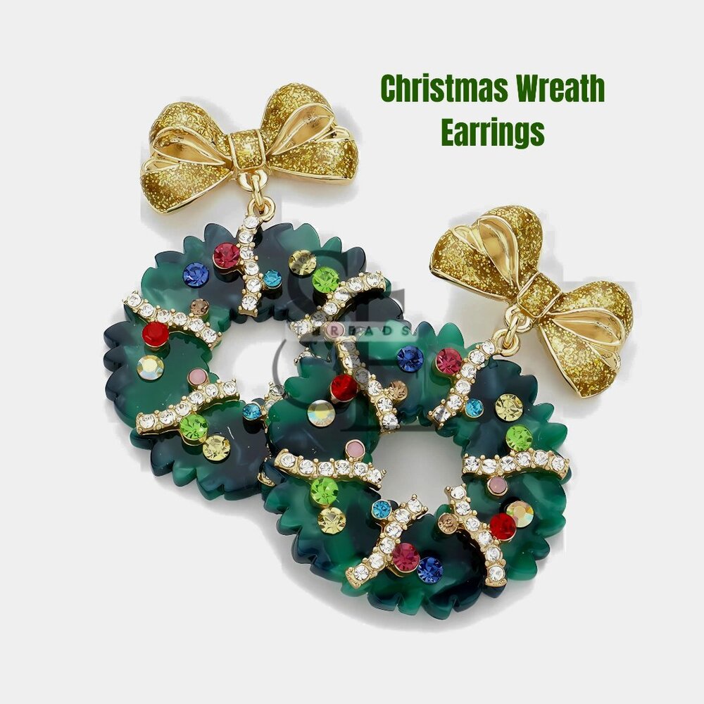 Holiday Christmas Wreath Earrings 🎀 Red Bow, Festive Statement Jewelry